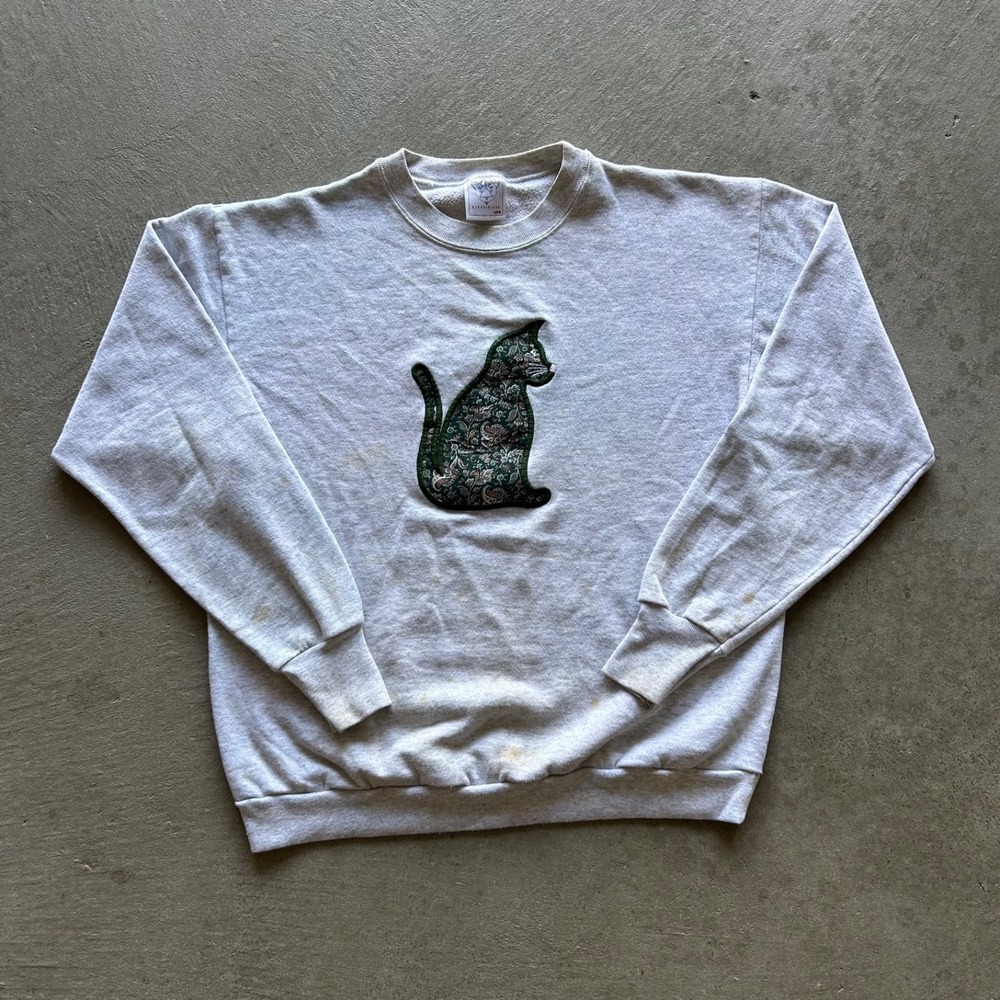 Vintage 90s Sitting Cat Sweatshirt Size XL Gray Paisley Logo Crewneck Applique